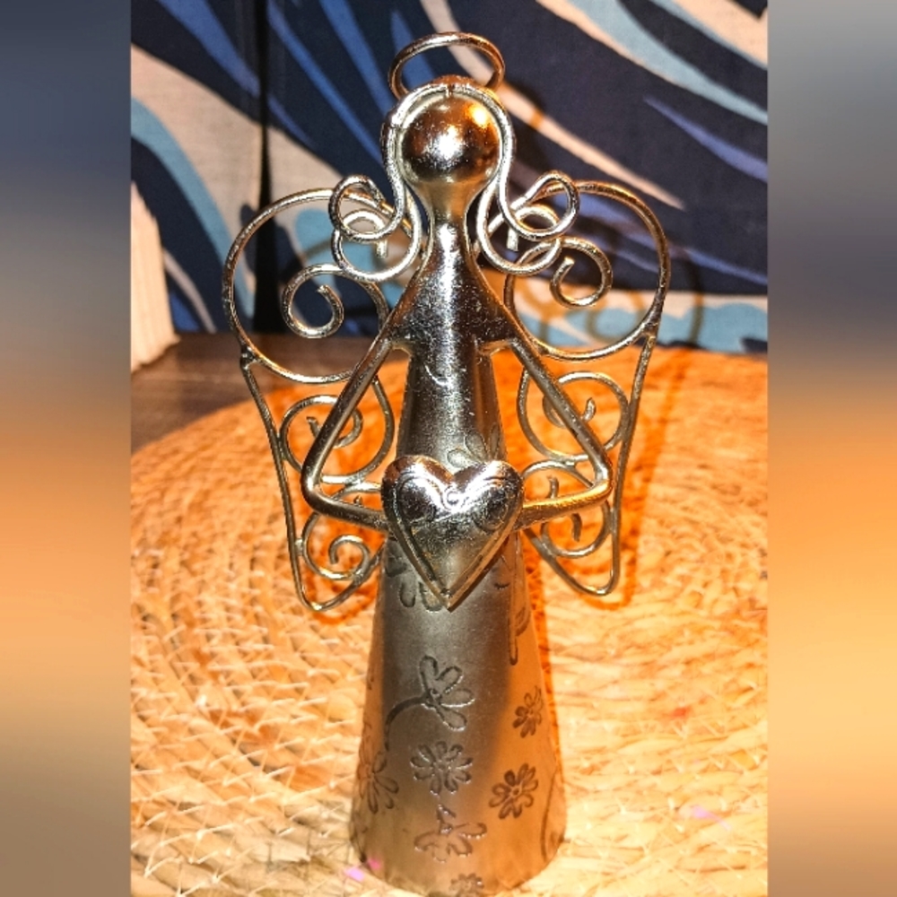 Regal Crafted  7" Angel Metal Bell Holding Heart Silver 2009